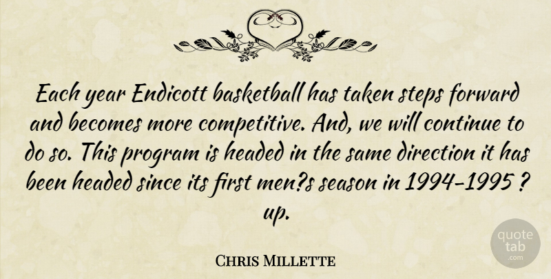 Chris Millette Quote About Basketball, Becomes, Continue, Direction, Forward: Each Year Endicott Basketball Has...
