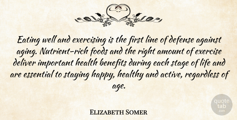 Elizabeth Somer Quote About Against, Amount, Benefits, Defense, Deliver: Eating Well And Exercising Is...