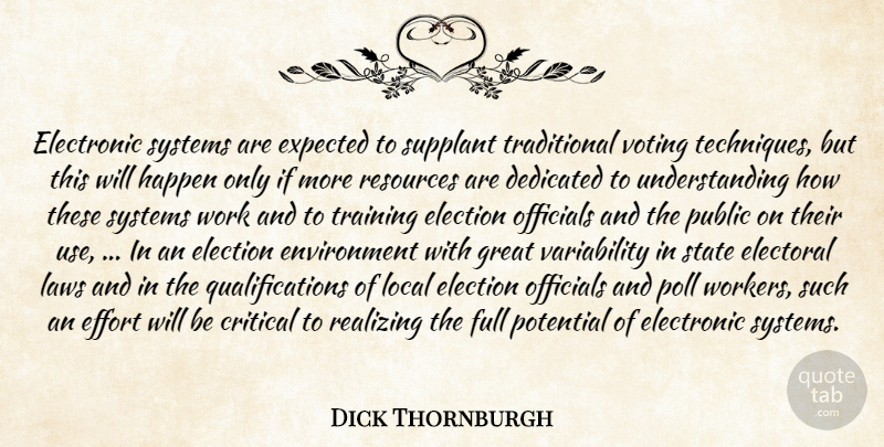 Dick Thornburgh Quote About Critical, Dedicated, Effort, Election, Electoral: Electronic Systems Are Expected To...