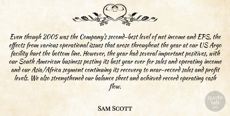 Sam Scott Quote About Achieved, Balance, Best, Bottom, Business: Even Though 2005 Was The...