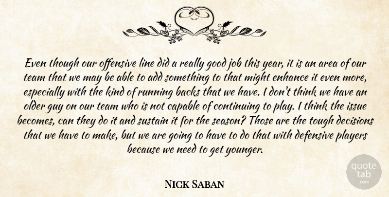 Nick Saban Quote About Add, Area, Backs, Capable, Continuing: Even Though Our Offensive Line...