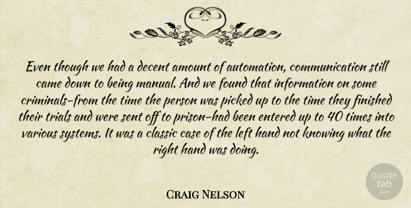 Craig Nelson Quote About Amount, Came, Case, Classic, Communication: Even Though We Had A...