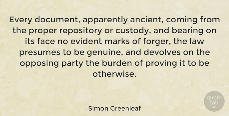 Simon Greenleaf Quote About Party, Law, Custody: Every Document Apparently Ancient Coming...