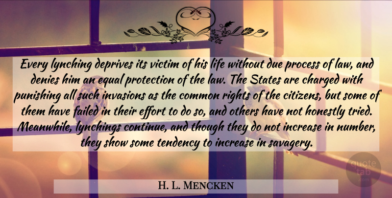 H. L. Mencken Quote About Rights, Lynching, Law: Every Lynching Deprives Its Victim...