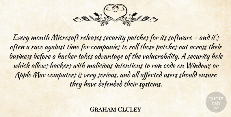 Graham Cluley Quote About Across, Advantage, Affected, Against, Apple: Every Month Microsoft Releases Security...