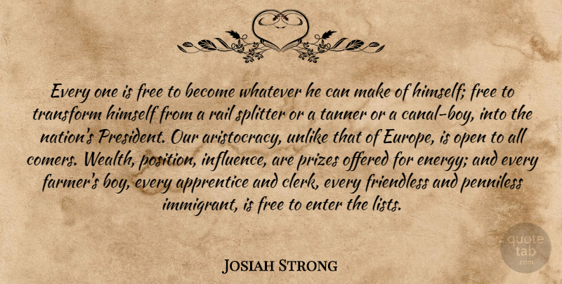 Josiah Strong Quote About Apprentice, Enter, Free, Himself, Offered: Every One Is Free To...
