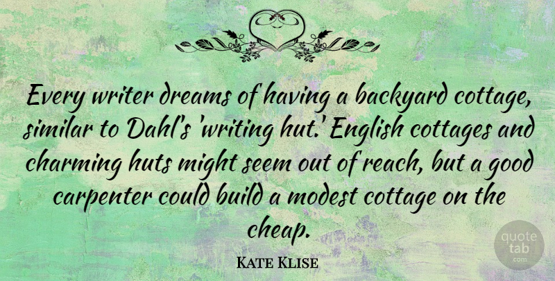 Kate Klise Quote About Backyard, Build, Charming, Cottage, Dreams: Every Writer Dreams Of Having...