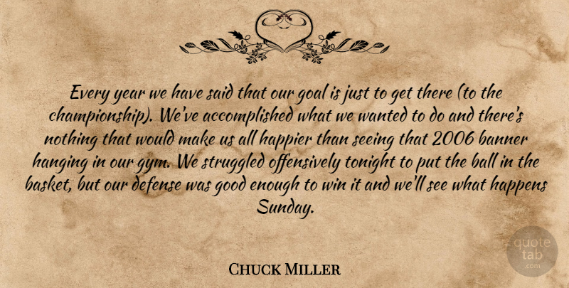 Chuck Miller Quote About Ball, Banner, Defense, Goal, Good: Every Year We Have Said...