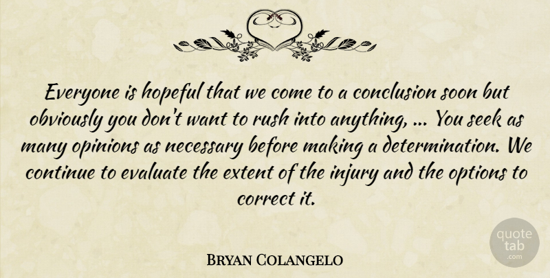Bryan Colangelo Quote About Conclusion, Continue, Correct, Evaluate, Extent: Everyone Is Hopeful That We...