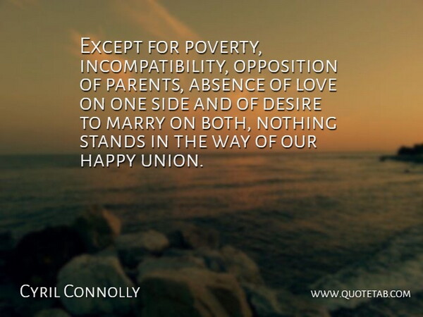 Cyril Connolly Quote About Love, Parent, Desire: Except For Poverty Incompatibility Opposition...