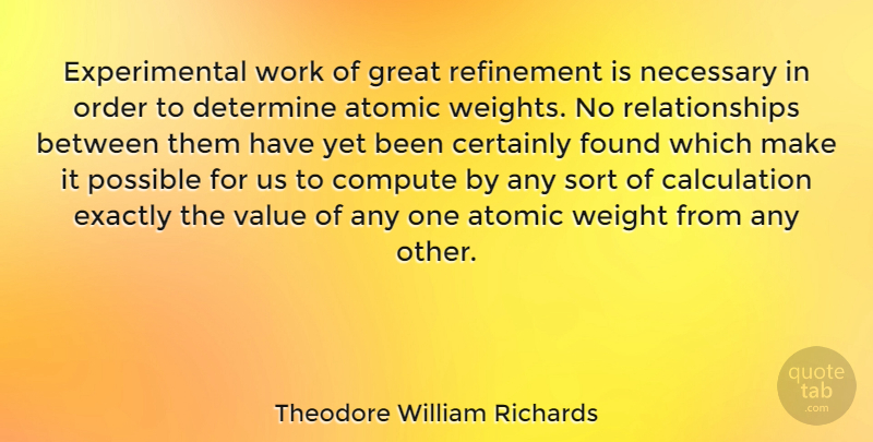 Theodore William Richards Quote About Atomic, Certainly, Compute, Determine, Exactly: Experimental Work Of Great Refinement...