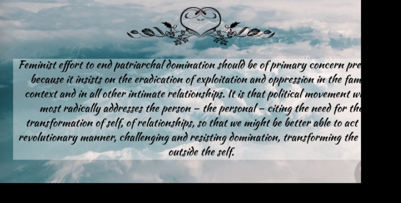 bell hooks Quote About Intimate Relationships, Self, Feminist: Feminist Effort To End Patriarchal...