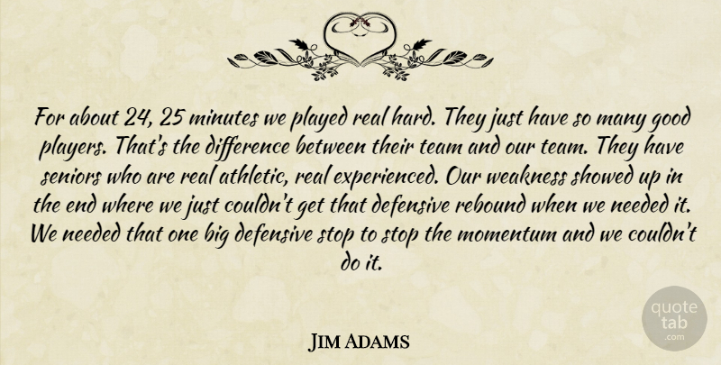 Jim Adams Quote About Defensive, Difference, Good, Minutes, Momentum: For About 24 25 Minutes...