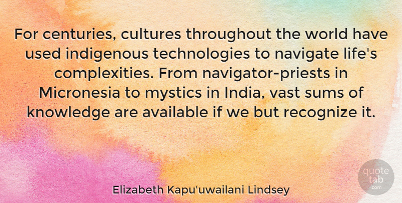 Elizabeth Kapu'uwailani Lindsey Quote About Available, Cultures, Indigenous, Knowledge, Life: For Centuries Cultures Throughout The...