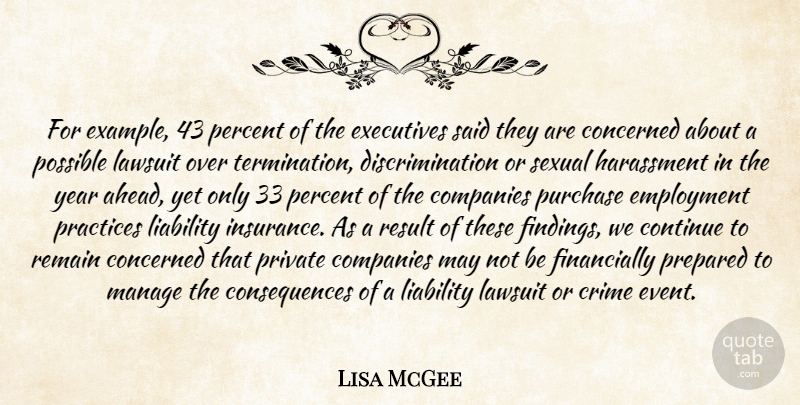 Lisa McGee Quote About Companies, Concerned, Consequences, Continue, Crime: For Example 43 Percent Of...