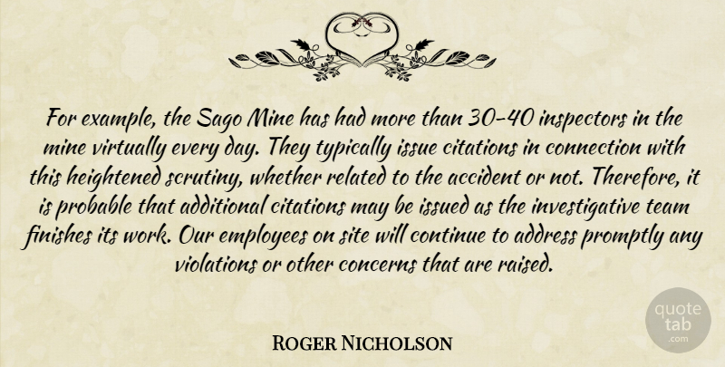 Roger Nicholson Quote About Accident, Additional, Address, Concerns, Connection: For Example The Sago Mine...