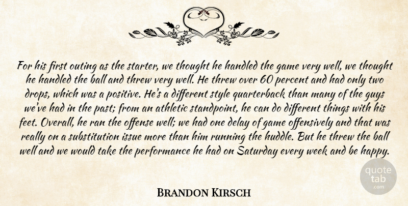Brandon Kirsch Quote About Athletic, Ball, Delay, Game, Guys: For His First Outing As...