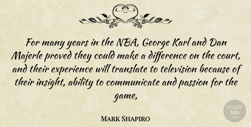 Mark Shapiro Quote About Ability, Dan, Difference, Experience, George: For Many Years In The...