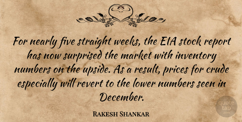 Rakesh Shankar Quote About Crude, Five, Inventory, Lower, Market: For Nearly Five Straight Weeks...