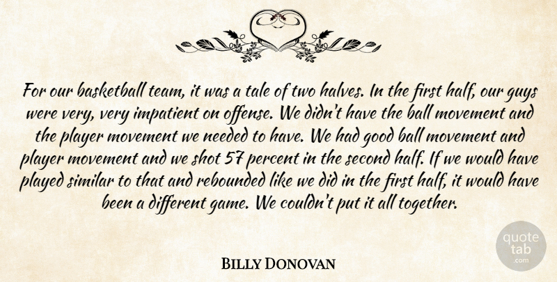 Billy Donovan Quote About Basketball, Good, Guys, Impatient, Movement: For Our Basketball Team It...