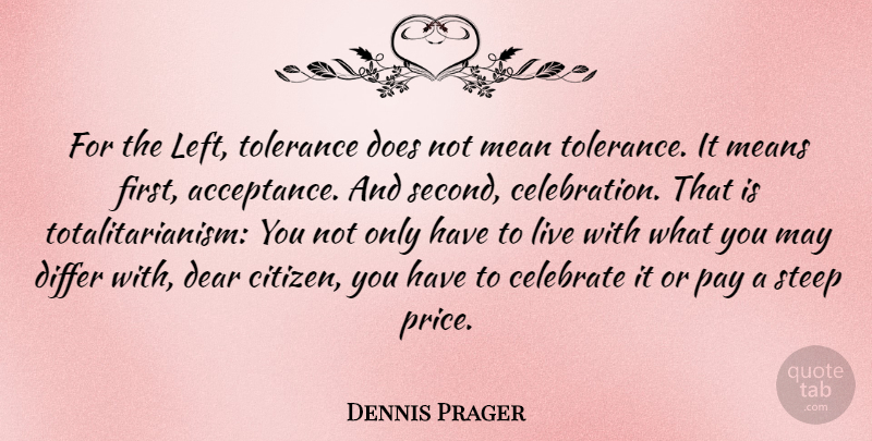 Dennis Prager Quote About Mean, Acceptance, Tolerance: For The Left Tolerance Does...