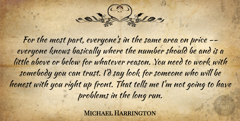 Michael Harrington Quote About Above, Area, Basically, Below, Honest: For The Most Part Everyones...