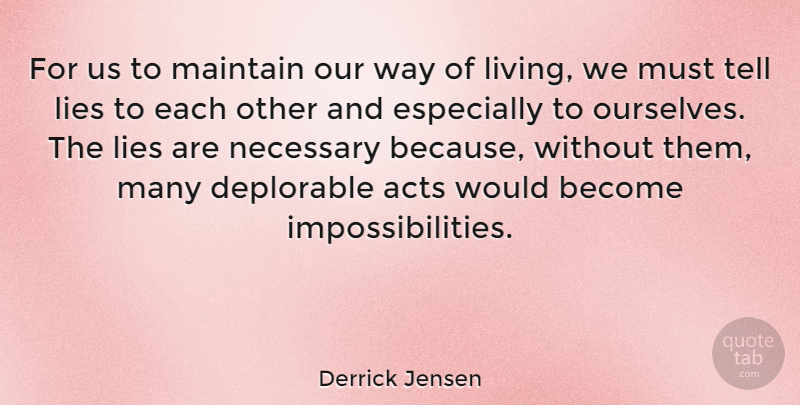 Derrick Jensen Quote About Lying, Deceit, Way: For Us To Maintain Our...