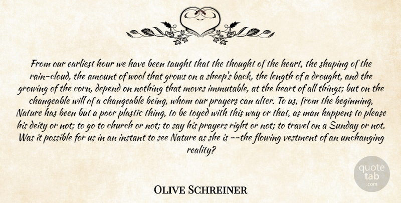 Olive Schreiner Quote About Amount, Changeable, Church, Deity, Depend: From Our Earliest Hour We...