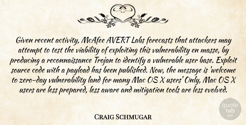 Craig Schmugar Quote About Attempt, Aware, Code, Exploiting, Forecasts: Given Recent Activity Mcafee Avert...