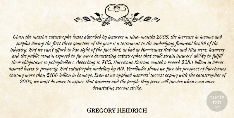 Gregory Heidrich Quote About Ability, According, Afford, Air, Applaud: Given The Massive Catastrophe Losses...