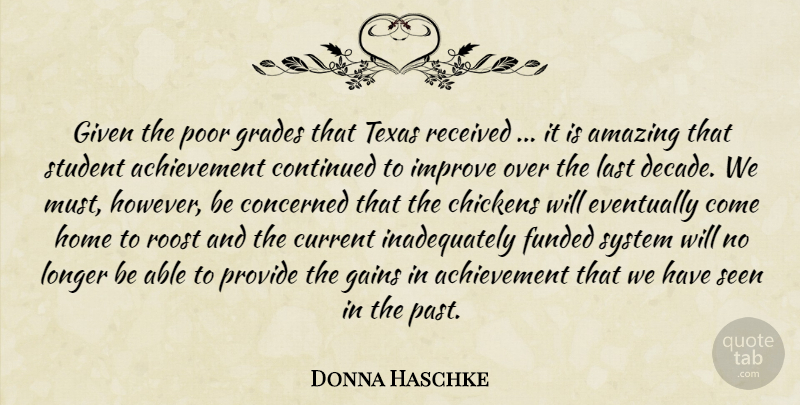 Donna Haschke Quote About Achievement, Amazing, Chickens, Concerned, Continued: Given The Poor Grades That...