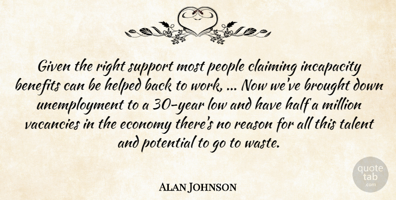 Alan Johnson Quote About Benefits, Brought, Claiming, Economy, Given: Given The Right Support Most...