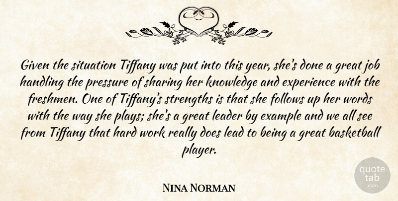 Nina Norman Quote About Basketball, Example, Experience, Follows, Given: Given The Situation Tiffany Was...