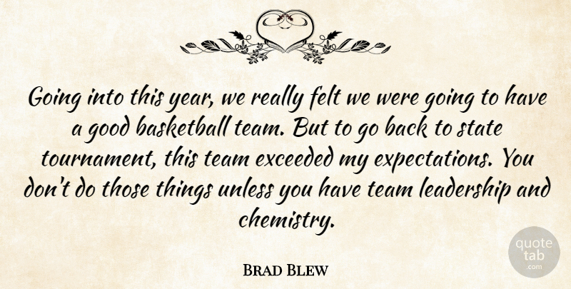 Brad Blew Quote About Basketball, Exceeded, Felt, Good, Leadership: Going Into This Year We...