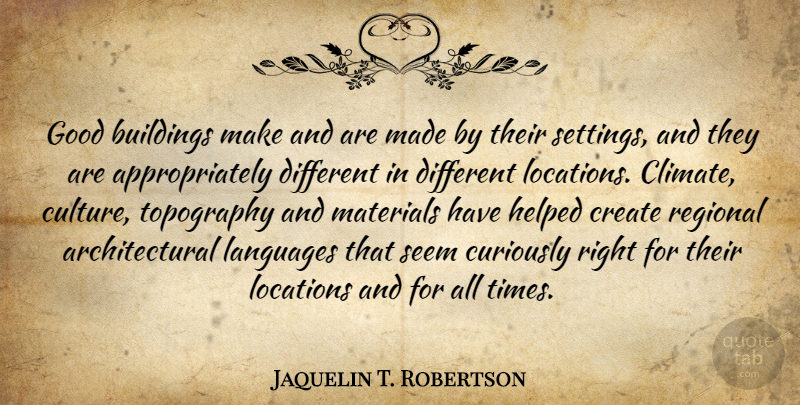 Jaquelin T. Robertson Quote About Buildings, Curiously, Good, Helped, Languages: Good Buildings Make And Are...