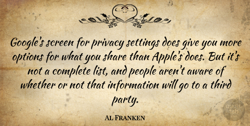 Al Franken Quote About Party, Apples, Giving: Googles Screen For Privacy Settings...