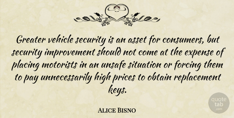 Alice Bisno Quote About Asset, Expense, Forcing, Greater, High: Greater Vehicle Security Is An...