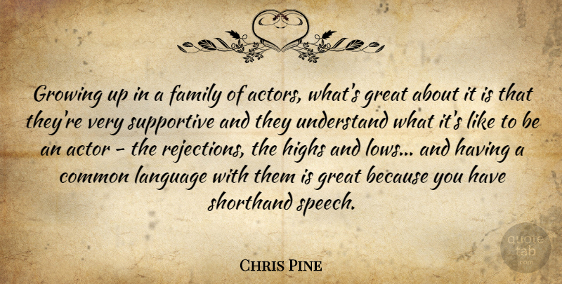 Chris Pine Quote About Growing Up, Rejection, Supportive: Growing Up In A Family...