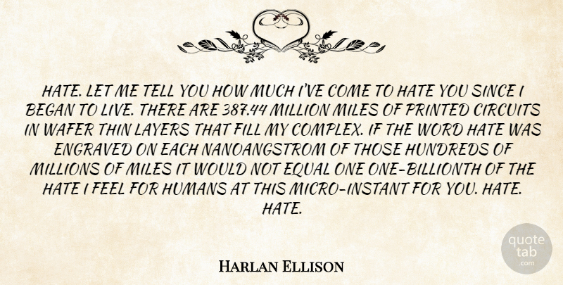 Harlan Ellison Quote About Hate, Layers, Miles: Hate Let Me Tell You...