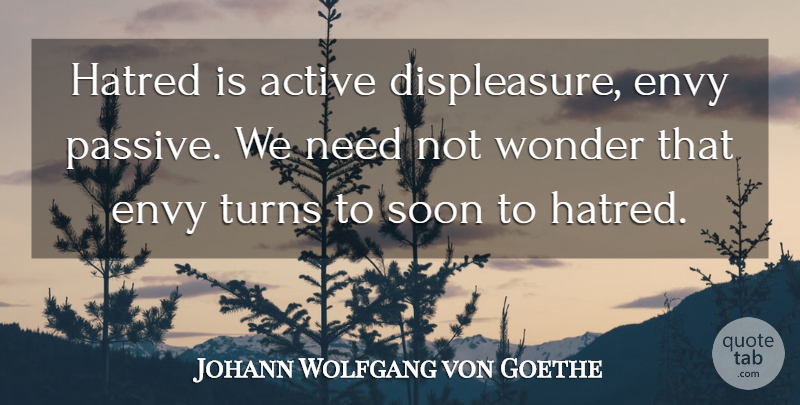 Johann Wolfgang von Goethe Quote About Envy, Hatred, Needs: Hatred Is Active Displeasure Envy...
