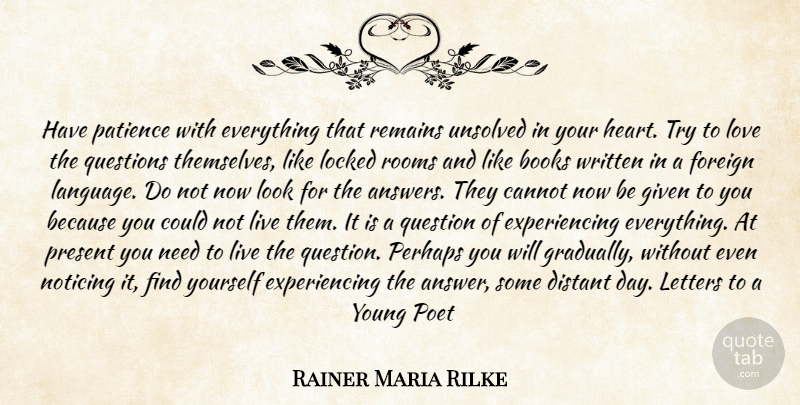 Rainer Maria Rilke Quote About Heart, Finding Yourself, Trying: Have Patience With Everything That...