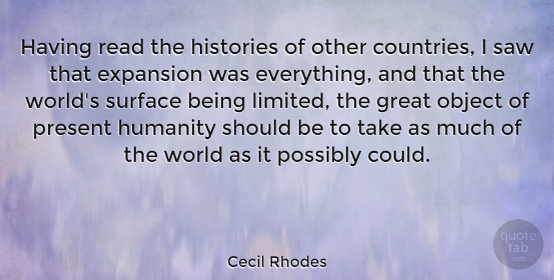 Cecil Rhodes Quote About Country, Humanity, World: Having Read The Histories Of...
