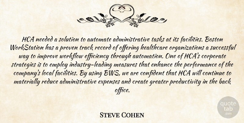 Steve Cohen Quote About Boston, Confident, Continue, Corporate, Create: Hca Needed A Solution To...