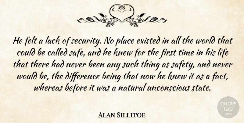 Alan Sillitoe Quote About Difference, Existed, Felt, Knew, Lack: He Felt A Lack Of...
