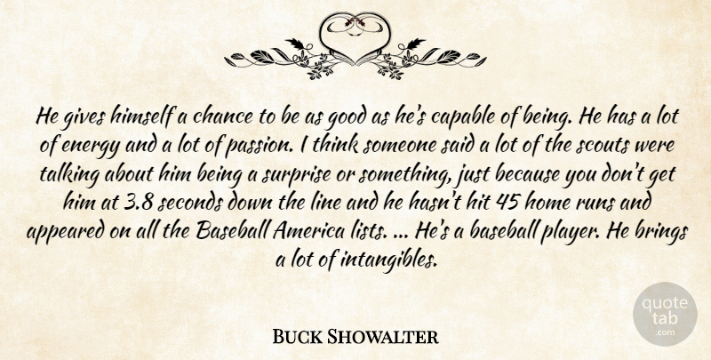 Buck Showalter Quote About America, Appeared, Baseball, Brings, Capable: He Gives Himself A Chance...