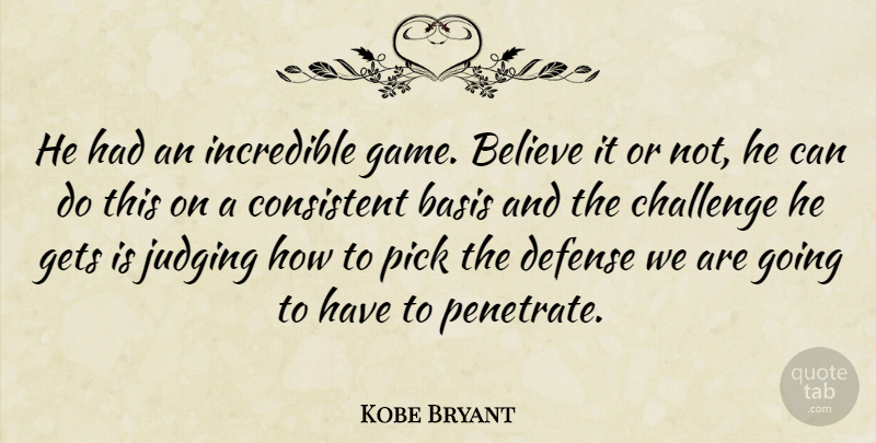 Kobe Bryant Quote About Basis, Believe, Challenge, Consistent, Defense: He Had An Incredible Game...