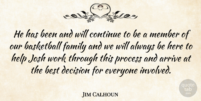 Jim Calhoun Quote About Arrive, Basketball, Best, Continue, Decision: He Has Been And Will...