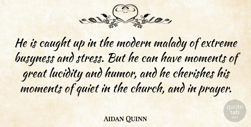 Aidan Quinn Quote About Caught, Cherishes, Extreme, Great, Malady: He Is Caught Up In...