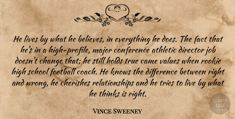 Vince Sweeney Quote About Athletic, Came, Change, Cherishes, Conference: He Lives By What He...