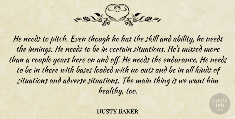 Dusty Baker Quote About Adverse, Bases, Certain, Couple, Kinds: He Needs To Pitch Even...